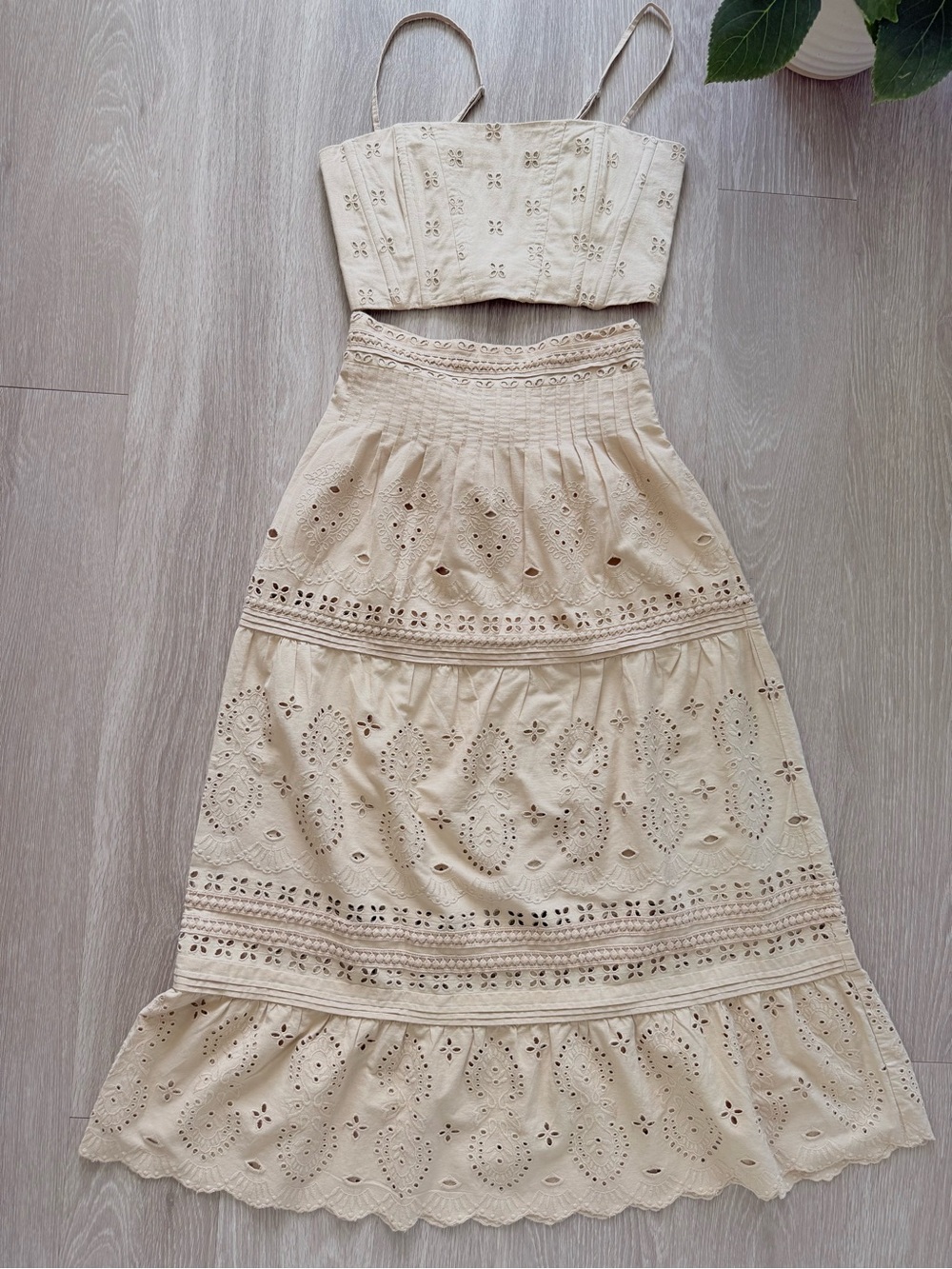 INTERMIX Beige Eyelet Tiered Maxi Skirt and Cropped Top - Size 0 and 2